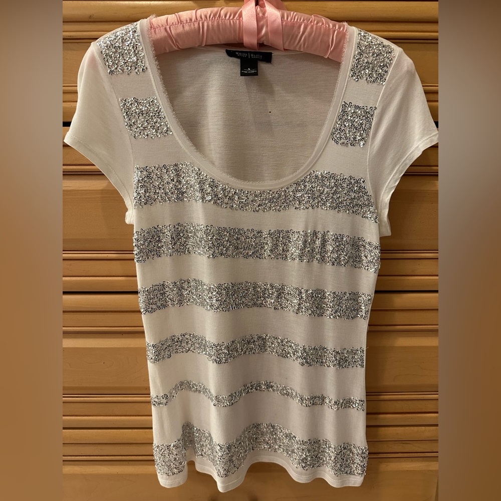 Silver sequined stripe white tee